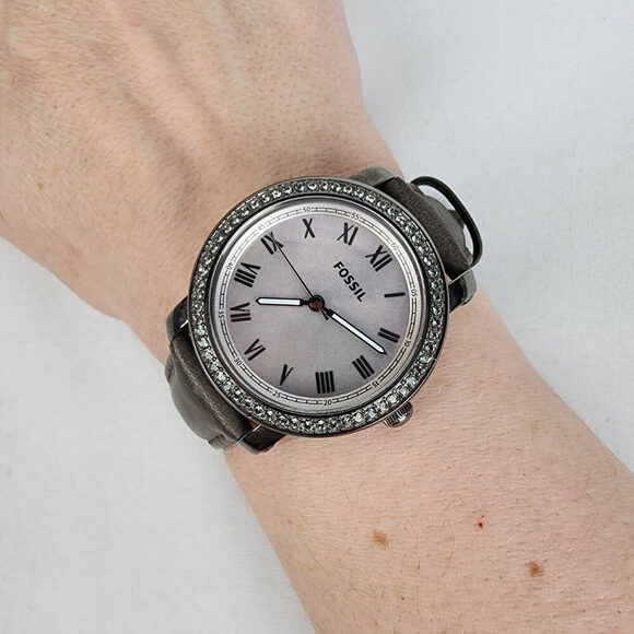 Fossil Mother of Pearl Roman Crystal Bezel Grey Leather Band Watch - Picture 1 of 8